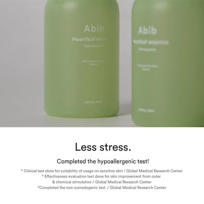 Abib Heartleaf Essence Calming Pump – a lightweight, soothing essence infused with Heartleaf extract, designed to reduce redness, hydrate, and strengthen the skin barrier.