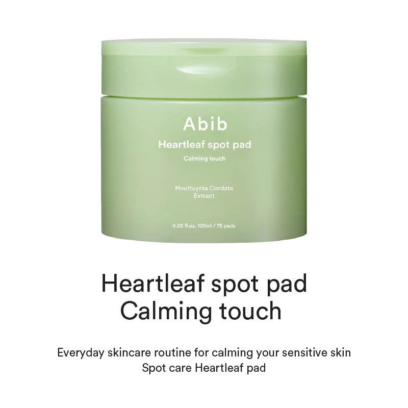 Abib Heartleaf Spot Pad Calming Touch – soothing toner pads infused with Heartleaf extract, designed to reduce redness, control oil, and hydrate sensitive skin.