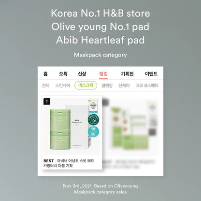 Abib Heartleaf Spot Pad Calming Touch – soothing toner pads infused with Heartleaf extract, designed to reduce redness, control oil, and hydrate sensitive skin.