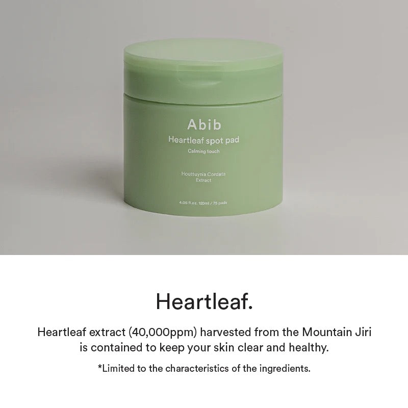 Abib Heartleaf Spot Pad Calming Touch – soothing toner pads infused with Heartleaf extract, designed to reduce redness, control oil, and hydrate sensitive skin.