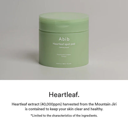 Abib Heartleaf Spot Pad Calming Touch – soothing toner pads infused with Heartleaf extract, designed to reduce redness, control oil, and hydrate sensitive skin.