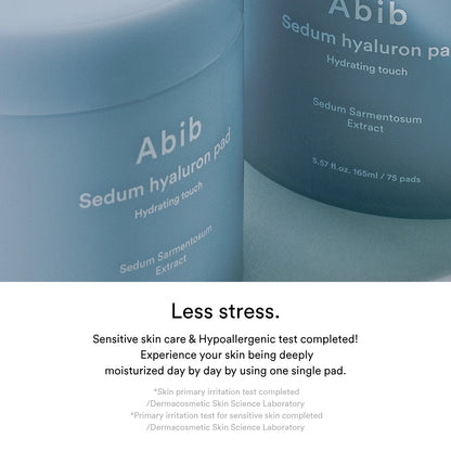 Abib Sedum Hyaluron Pad Hydrating Touch – moisturizing toner pads infused with Sedum extract and Hyaluronic Acid, designed to deeply hydrate, plump, and refresh dry skin.