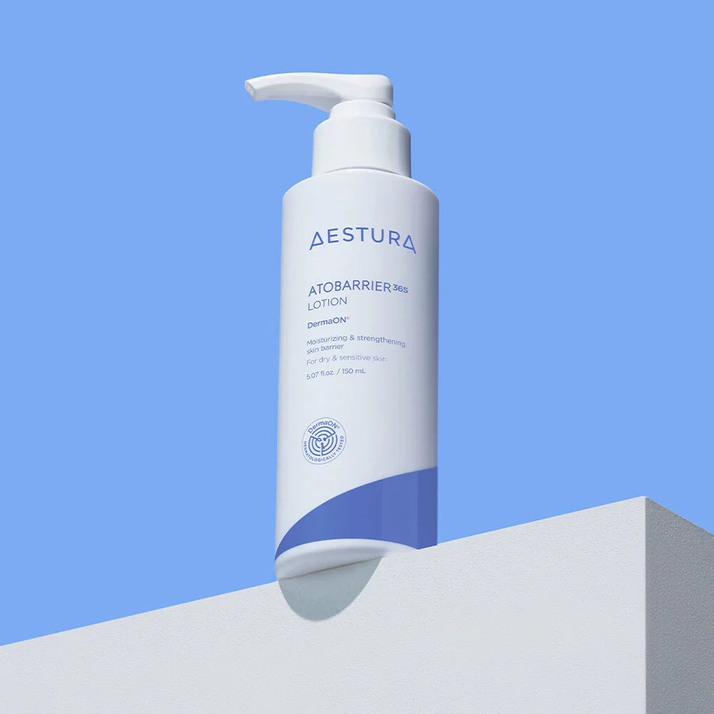 Aestura Atobarrier 365 Lotion – a lightweight lotion enriched with ceramides, designed to hydrate, soothe, and strengthen the skin barrier for sensitive and dry skin.