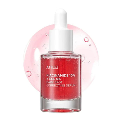 Anua Niacinamide 10% + TXA 4% Dark Spot Correcting Serum – a brightening serum with 10% niacinamide and 4% tranexamic acid, designed to fade dark spots, even skin tone, and enhance radiance.