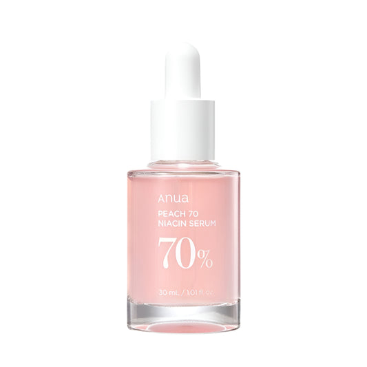 Anua Peach 70% Niacinamide Serum – a brightening serum with 70% peach extract and niacinamide, designed to even skin tone, fade dark spots, and hydrate for a radiant glow.