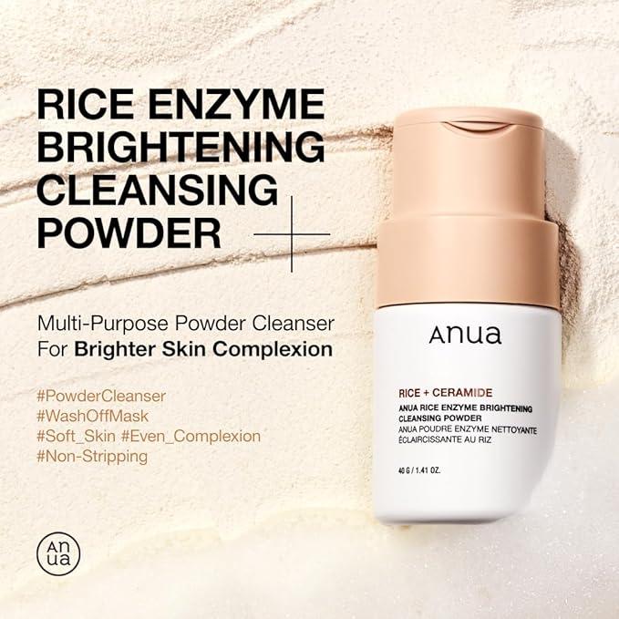 Anua Rice Enzyme Brightening Cleansing Powder – a gentle exfoliating powder cleanser with rice extract and enzymes, designed to brighten, smooth, and cleanse without stripping moisture.