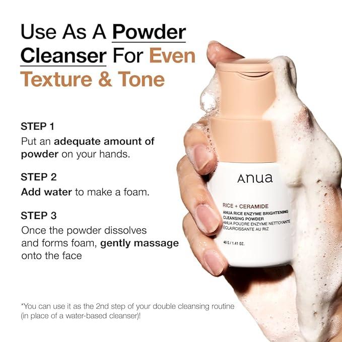 Anua Rice Enzyme Brightening Cleansing Powder – a gentle exfoliating powder cleanser with rice extract and enzymes, designed to brighten, smooth, and cleanse without stripping moisture.