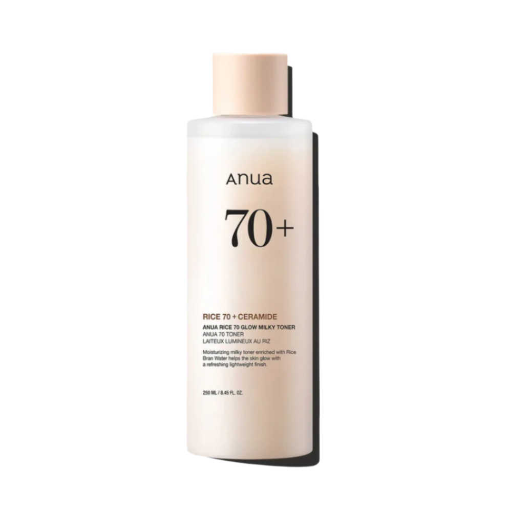 Anua Rice 70 Glow Milky Toner – a hydrating and brightening toner with 70% rice extract, designed to moisturize, even skin tone, and enhance radiance.