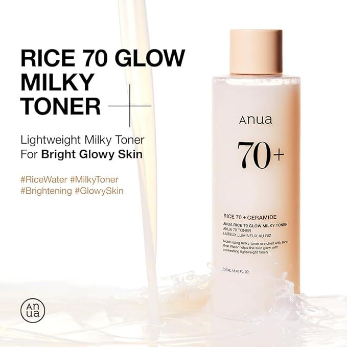 Anua Rice 70 Glow Milky Toner – a hydrating and brightening toner with 70% rice extract, designed to moisturize, even skin tone, and enhance radiance.