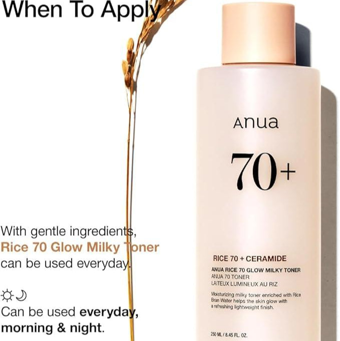 Anua Rice 70 Glow Milky Toner – a hydrating and brightening toner with 70% rice extract, designed to moisturize, even skin tone, and enhance radiance.