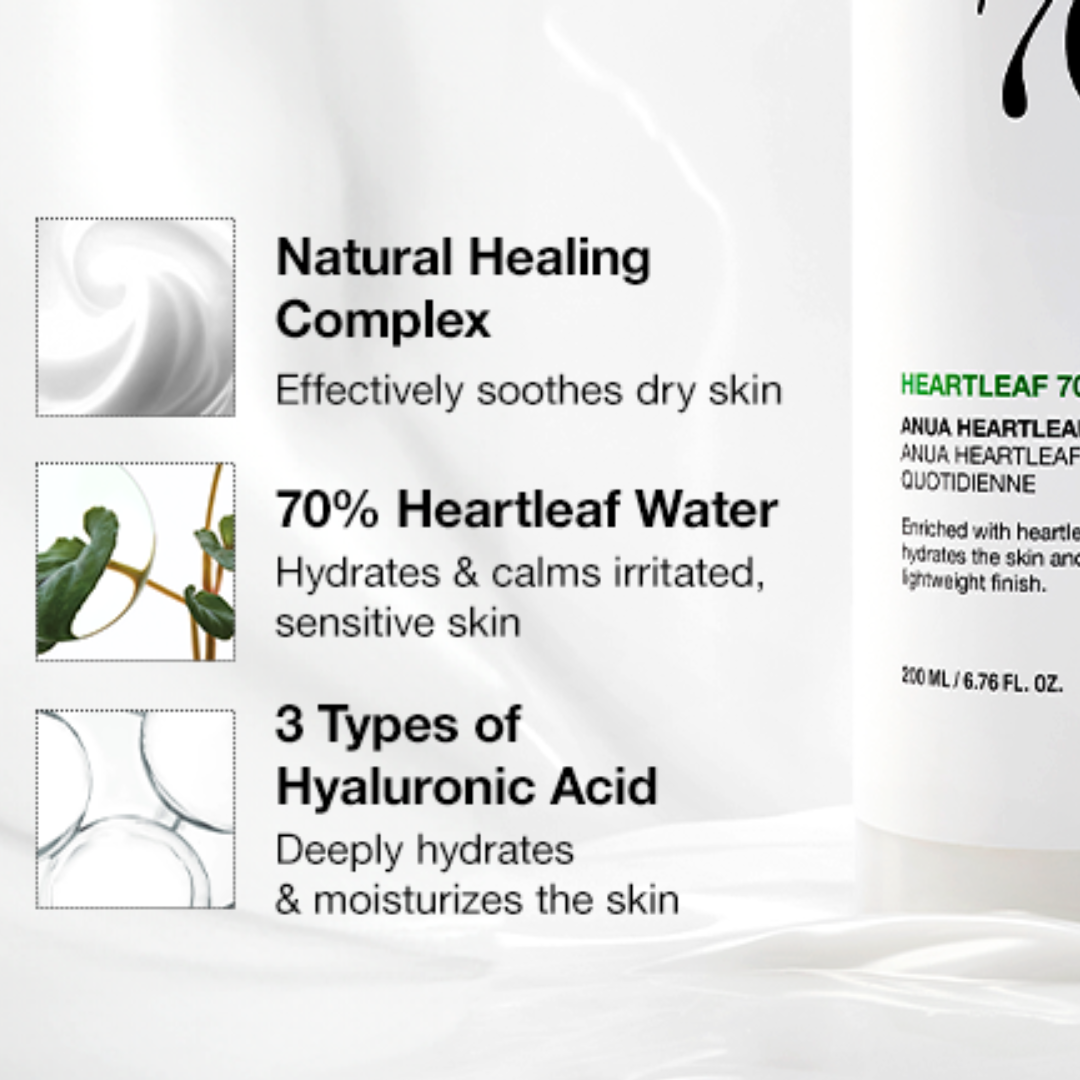 Anua Heartleaf 70% Daily Lotion – a soothing, hydrating lotion with 70% Heartleaf extract, designed to calm irritation, reduce redness, and provide long-lasting moisture for sensitive skin.