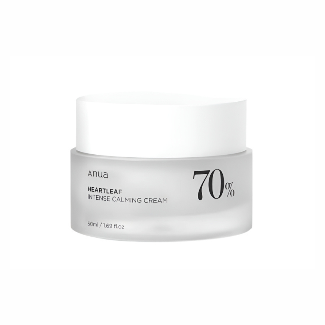 Anua Heartleaf 70% Intense Calming Cream – a rich calming cream with 70% Heartleaf extract, designed to hydrate, soothe redness, and strengthen the skin barrier for sensitive skin.