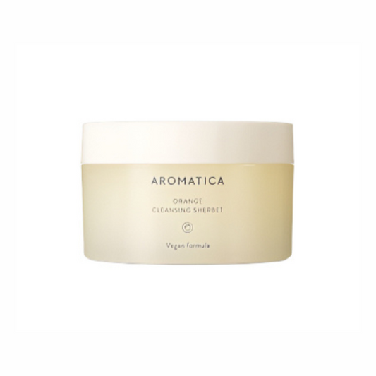 Aromatica Orange Cleansing Sherbet – a balm-to-oil cleanser with organic orange peel oil, designed to remove makeup, excess sebum, and impurities while hydrating the skin.